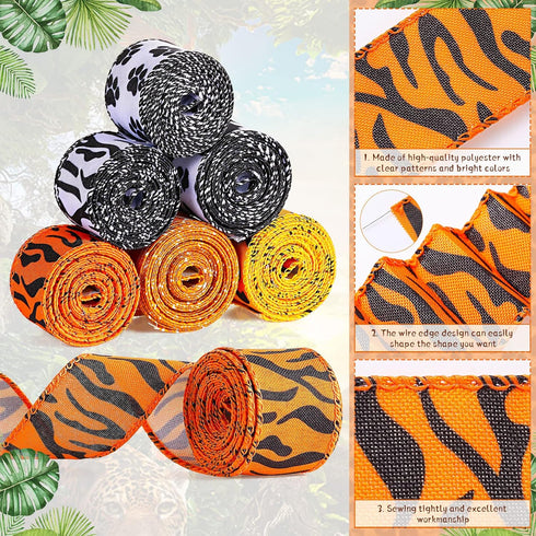 6 Rolls 30 Yards Safari Ribbon Set Christmas Wide Craft Animal Print Ribbon Wired Edge Zebra Leopard Themed Ribbon Decorative Ribbon Crafting Supp...