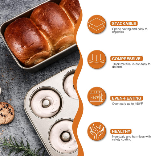 HONGBAKE Nonstick Donut Pans For Baking, 2-Pack 6 Cavity Upgraded Deepened Doughnut Tray, Heavy Duty Mini Bagel Mold for Oven - Bronze Gold...