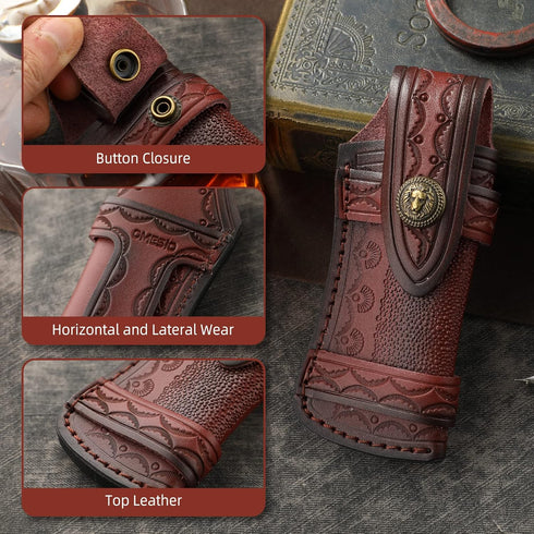 Omesio Pocket Knife Sheath Big (L), 5.28" (for <13.41cm knife) Leather Knife Sheaths for Belt, Horizontal Knife Sheath for Belt Sideways, Brown Le...