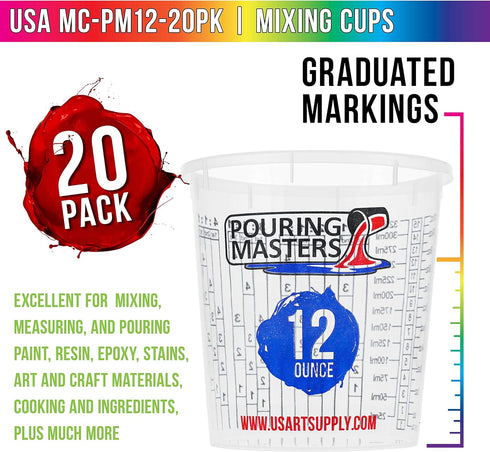 12 Ounce (350ml) Graduated Plastic Mixing Cups (Box of 20) - Use for Paint, Resin, Epoxy, Art, Kitchen, Cooking, Baking - Measurements in OZ. and ...