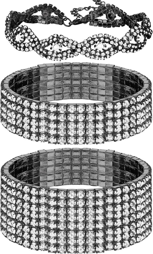 FIBO STEEL 3 PCS Rhinestone Stretch Bracelets for Women Bridal Sparkly Wedding Strand Tennis Bracelet Set Silver/Gold/Rose Gold-Tone...
