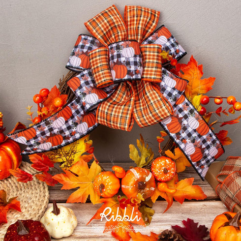 Ribbli Fall Ribbon,4 Rolls Fall Burlap Thanksgiving Ribbon 2.5 Inch Total 60 Feets(20 Yards), Pumpkin/Buffalo Plaid/Fall Check and Plaid, Fall Wir...