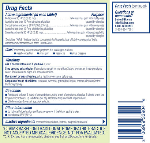 Boiron SinusCalm Allergy Tablets for Relief from Sinus Pressure, Sinus Headache, or Sinus Congestion and Pain - 60 Count...