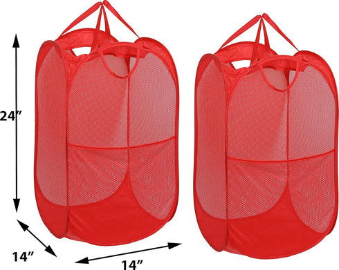 Simple Houseware Mesh Pop-Up Laundry Hamper Basket with Side Pocket, Red - 2 Pack...