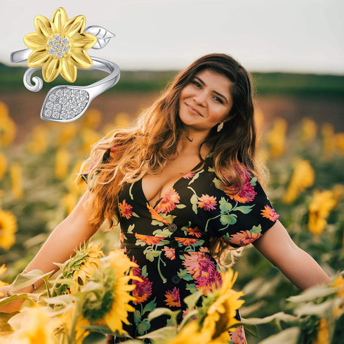 BEILIN Sunflower Ring for Women You are My Sunshine 925 Sterling Silver Adjustable Promise Rings for Daughter Wife Mom...