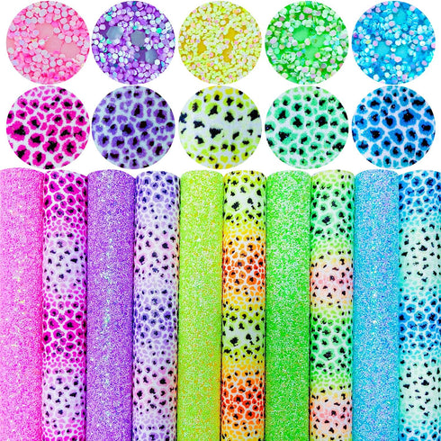 10pcs Colorful Rainbow Leopard Printed Faux Leather Sheets 8x12 inch Shiny Candy Color Glow in The Dark Chunky Glitter Girl Fabric for Bows (Rainb...