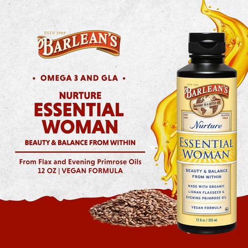 Barlean's Essential Woman Liquid Supplement for Women, Organic Flaxseed, Evening Primrose Oil & Soy Isoflavones, Omega 3 6 9 and GLA, Hormonal Bal...