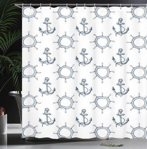 Ambesonne Ships Wheel Shower Curtain, Anchors and Steering Wheels Pattern Pirates Sailors Marine Themed Print, Cloth Fabric Bathroom Decor Set wit...
