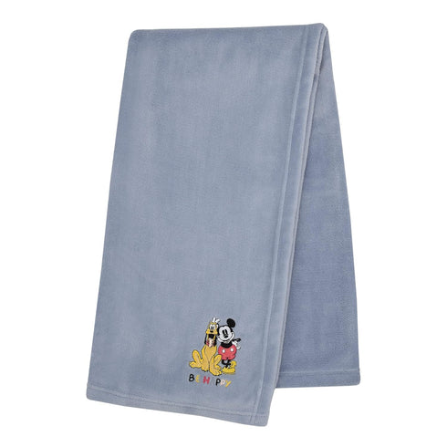 Disney Mickey and Friends Blue, Gold and Red Pluto and Mickey Mouse Be Happy Super Soft Appliqued Baby Blanket...
