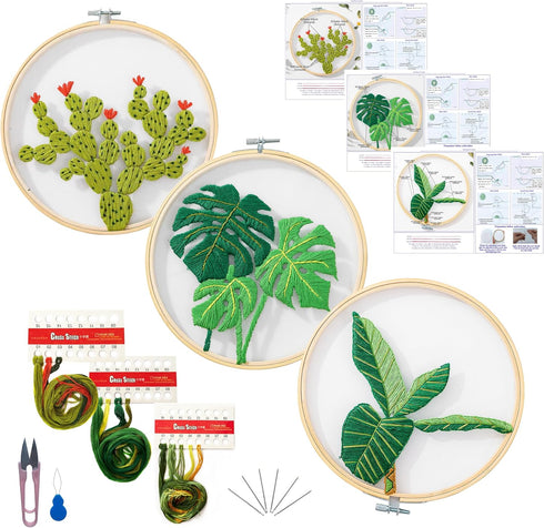 mozhijing 3 Pack Plants Embroidery Kit for Adults,Hand Transparent Embroidery with Plant Patterns and Instructions DIY Kits for Adults with Embroi...