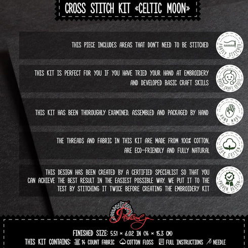 Povitrulya Counted cross stitch kit Celtic moon - DIY embroidery set with presorted floss, 14-count Aida fabric, paper pattern...