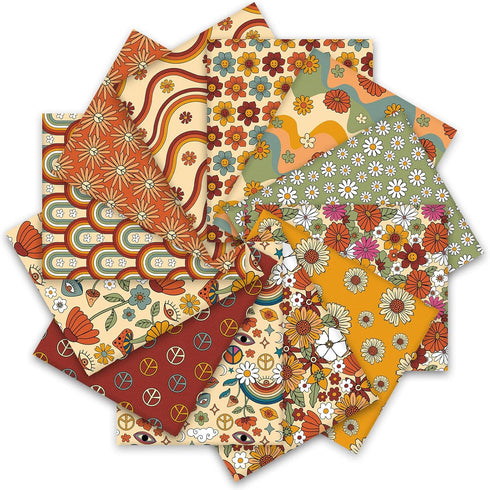 Whaline 12Pcs Retro Floral Cotton Fabric Bundles 10 x 10 Inch Hippie Groovy Boho Rainbow Printed Fat Quarters Boho Quilting Patchwork for DIY Hand...
