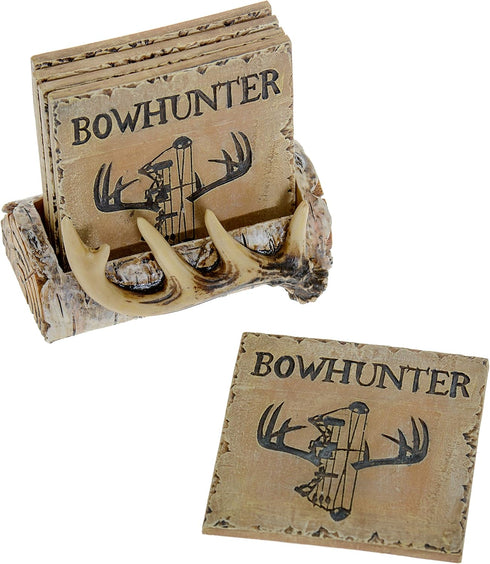 Pine Ridge Home Antler Wood Log Coaster Set with Holder - Bow Hunter Country Absorbent Coaster Decor - Cabin Lodge Home Decor for Hunter Men - Man...
