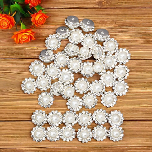 50 pcs Rhinestone Embellishments Crystal Button Silver Flatback DIY Craft for Flower Headband Dress Decoration Accessory 12mm (Silver Back Pearl)...