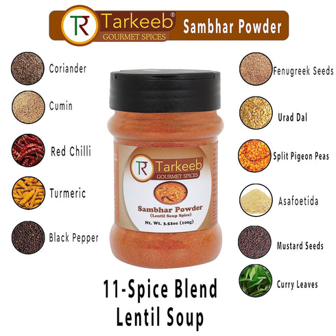 Tarkeeb Sambar Masala (Lentil Soup Spice Blend) South Indian 11-Spice Blend 3.52 oz (100g) Shaker Top PET Jar ~ All Natural | Vegan | No Colors | ...