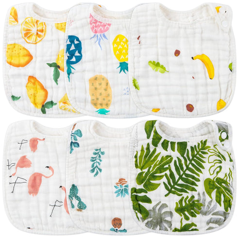 Zainpe 6Pcs Snap Muslin Cotton Bibs for Baby Lemon Flamingo Leaf Pineapple Bib with 6 Absorbent & Soft Layers Machine Washable Adjustable Burp Clo...