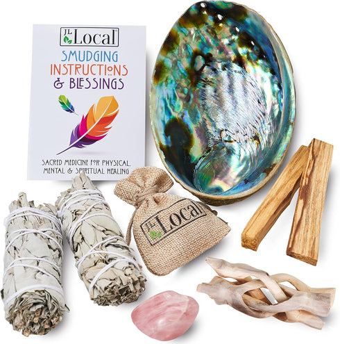 Perfect Unity Smudging Kit - 2 White Sage Smudge Sticks + 2 Palo Santo Sticks + Abalone Shell Bowl + Rose Quartz Crystal | Healing Incense for Cle...