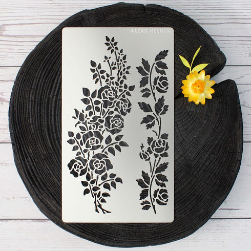 Aleks Melnyk No.269 Metal Stencil, Rose Flower Branch, Rose Vine, Swirls, Leaf Blossom, Small Stencil, 1 PC, Template for Wood Burning, Engraving,...