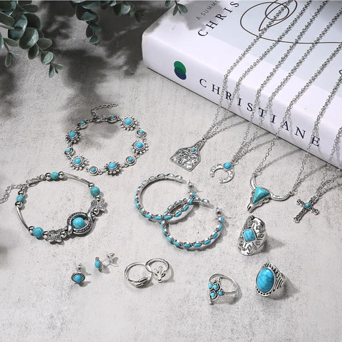 ORAZIO Western Jewelry for Women Turquoise Boho Jewelry Set Bohemian Layered Western Necklace Turquoise Hoop Dangle Earrings Studs Vintage Knuckle...