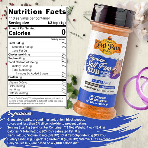 Fat Boy Natural BBQ Premium Salt Free Rub - Perfect for Pork, Chicken, Beef, Seafood and More - Clean Ingredients, No Preservatives, No MSG, Zero ...