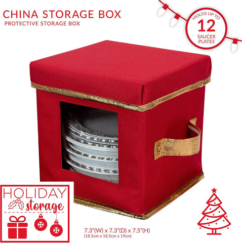 Simplify Holiday Saucer Plate Dinnerware Storage Box | 7.3 Inch | Christmas China | 12 Felt Dividers | Tableware Setting | Red...