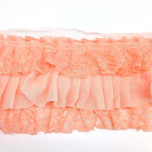 PEPPERLONELY 1 Yard Peach Color Fabric 3-layer Pleated Lace Edge Trim Gathered Mesh Chiffon Ribbon...