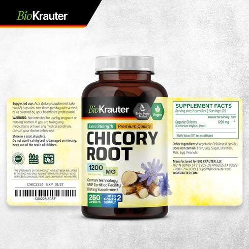 BIO KRAUTER Chicory Fiber Supplement - 1200 mg Strength - 250 Count - Chicory Root Powder - Inulin Capsules for Digestive Support - Vegan...