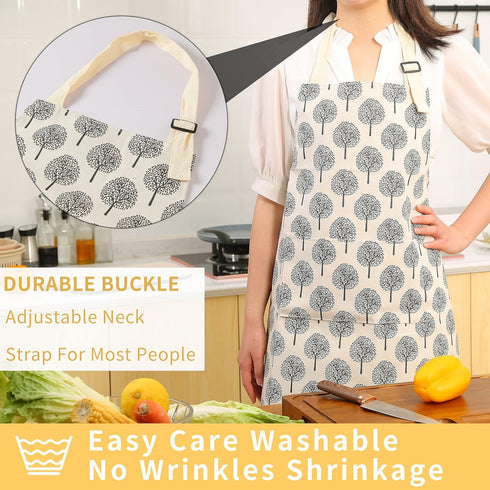 Tosewever 2 Pieces Cotton Linen Waterproof Bib Apron with 2 Pockets - Long Ties Adjustable Neck Strap - Unisex Cooking Kitchen Decorative Pattern ...