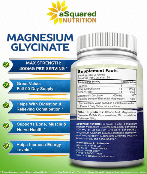 aSquared Nutrition Magnesium Glycinate 400mg - 180 Tablets - Max Strength Magnesium Bisglycinate Supplement -Maximum Bioavailability & Absorption-...