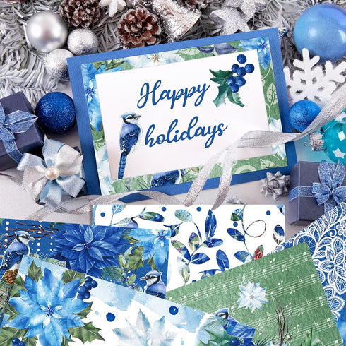 Christmas Blue Bird Scrapbook Paper Pad,24 Pcs Blue Bird Pattern Double-Sided Decopodge Paper,Cardstock Paper for Scrapbooking DIY Decorative Back...