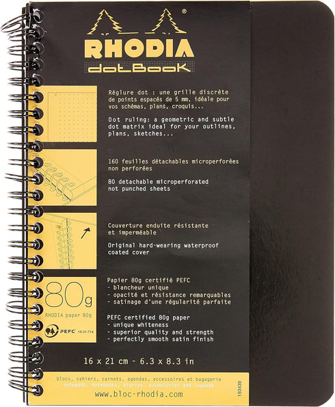 RHODIA 193439C - Spiral Notebook (Full Bound) Notebook Black - A5+ - Dot Dot - 160 Detachable Pages - White Clairefontaine Paper 80 g/m - Soft and...