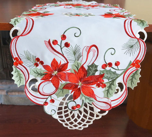Holiday Christmas Table Runner 13"x34", Cutwork Embroidered Floral Christmas Flower Dresser Sacrf Table Topper for Home Dining Xmas Table Top Deco...