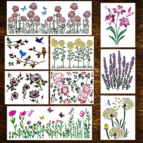 Flower Stencils for Painting on Wood - Reusable Wildflower Stencils for Painting on Walls - Rose, Cherry Blossom, Hydrangea, Lily, Sunflower Stenc...