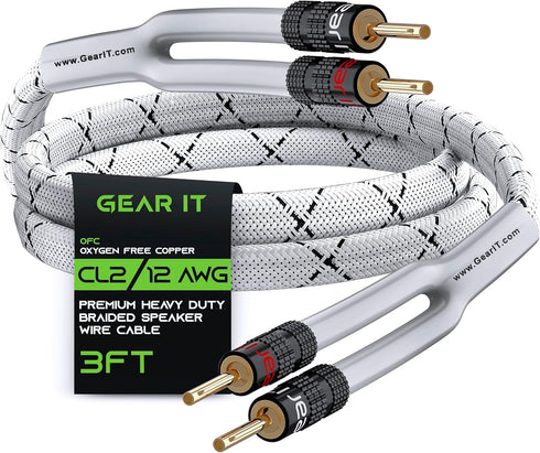 GearIT 12AWG Premium Heavy Duty Braided Speaker Wire (3 Feet) with Dual Gold Plated Banana Plug Tips - Oxygen-Free Copper (OFC) Construction, Whit...