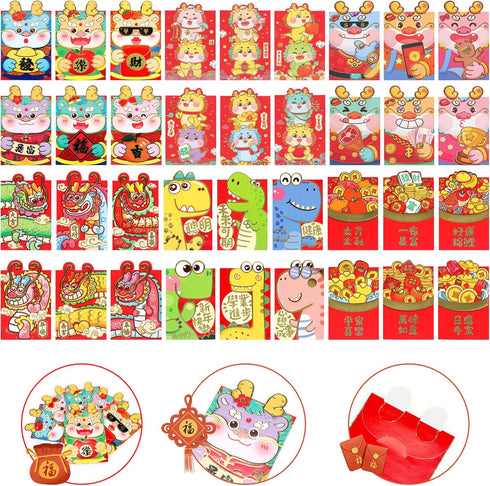 36/72pcs Chinese Red Envelopes Year of The Dragon Lucky Money Red Packet Hong Bao for New Year 2024 Spring Festival Envelopes Chinese New Year Chr...