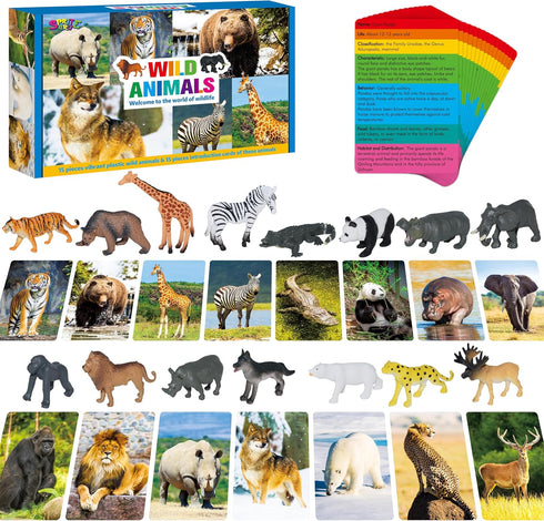 15 PCS Safari Animal Figurines with 15 Introducing Flashcards, Realistic Zoo Animal Figures Montessori Toys Science Educational Matching Game for ...