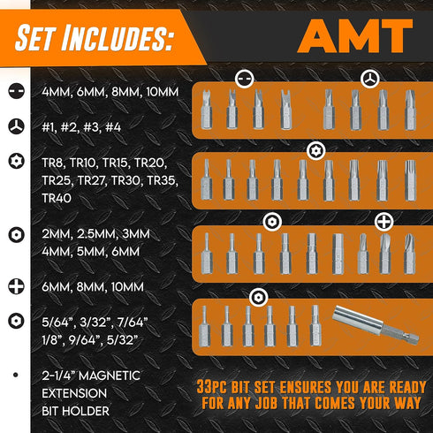 AMERICAN MUTT TOOLS 33pc Security Bit Set – Includes Security Torx, Metric and SAE Hex, Torq, Spanner Bit Set and Triwing – Security Torx Bit Set,...