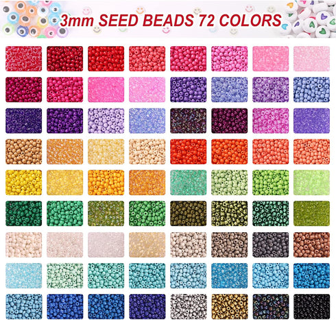 QUEFE 14400pcs 72 Colors, 3mm Glass Seed Beads for Bracelet Making Kit, Small Beads for Jewelry Making with Letter Beads for Crafts Gifts...