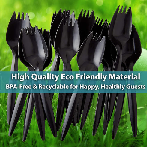 BPA-Free Black Disposable Sporks 100 Pk. Recyclable, Eco-Friendly and Kid-Safe 2-in-1 Utensils Built Strong to Last Large Meals. Great for School ...