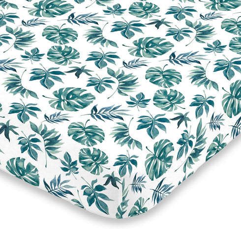 NoJo Super Soft Green & White Palm Leaf Nursery Mini Crib Fitted Sheet, Green, White...