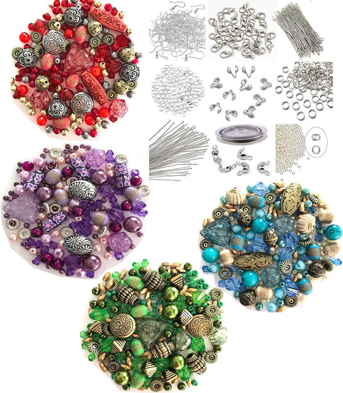 Approx X 400 Jewelry Making Beads Mix Starter Kit for Beginners in Purple Gold & Green Jewelry Findings...