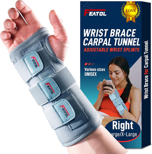 FEATOL Wrist Brace Carpal Tunnel for Women Men, Adjustable Night Sleep Support Brace with Splints Right Hand, Medium/Large...