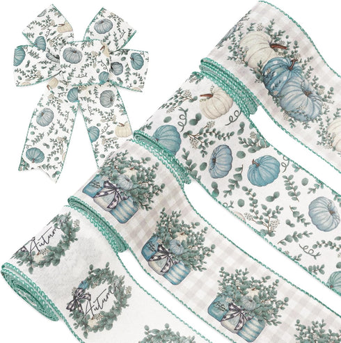 Fall Wired Edge Ribbon 24 Yards Blue Pumpkin Eucalyptus Leaves Craft Fabric Ribbon Autumn Plaids Decorative Ribbon for Thanksgiving Harvest Wreath...