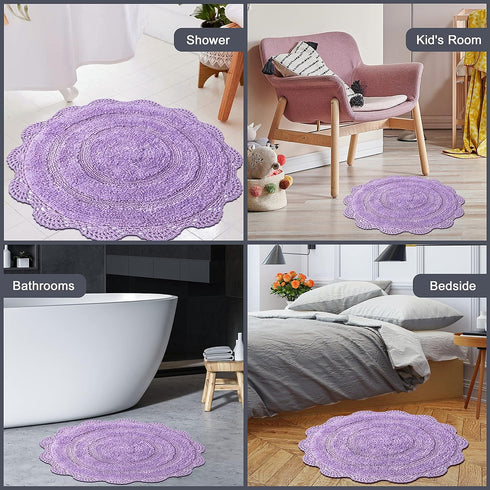 Chardin home Lavender Crochet Bathrug,100% Cotton Round bathmat with artisanally Handcrafted Crochet Border, 24 Inch Diameter, Perfect for Half Ba...