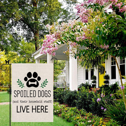 Dog Garden Flag Spoiled Dogs Vertical Burlap Double Sided There Household Staff Live Here Outdoor Decor Yard Lawn Home Decoration 12.5 x 18 Inch...