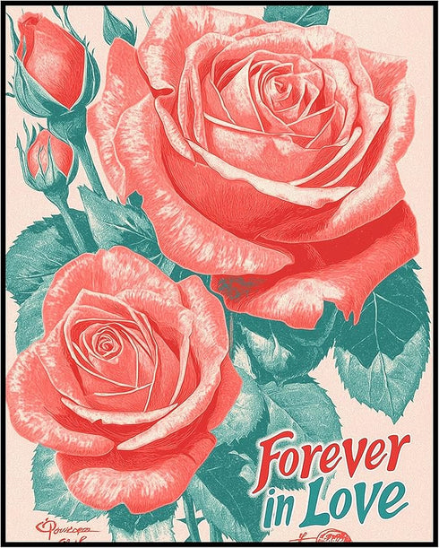Posterizer 1 pcs-Forever in Love" with vintage roses-Valentine's day art-Romantic Art-Holiday Poster Collection-Gift for Couples boyfriend girlfri...