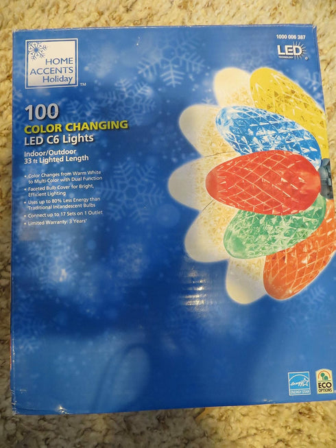 Home Accent Holiday C6 100-Light LED Faceted Color Changing Warm White to Multi-Color Lights...