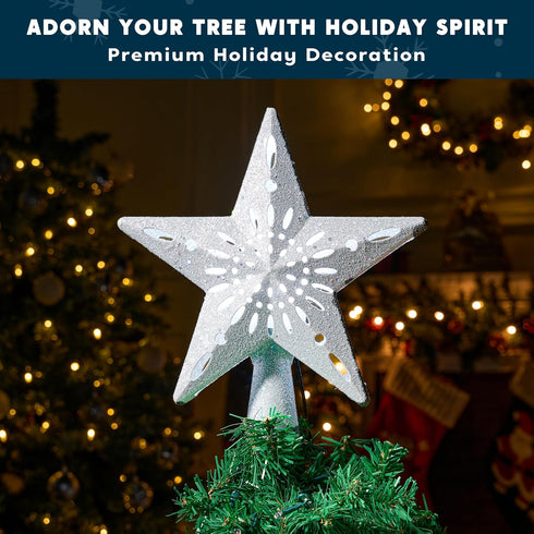 Joiedomi Christmas Silver Star Tree Topper Lighted with Projector, Built-in LED Rotating Lights, 3D Glitter Xmas Decorations for Party Holiday Ind...