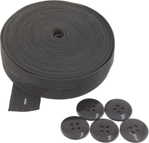 Flat Sewing Band Spool with Buttonholes, Elastic Stretchable, Ideal for DIY Waistbands and Necklines (Black, 3/4 inch × 5 Yards)...