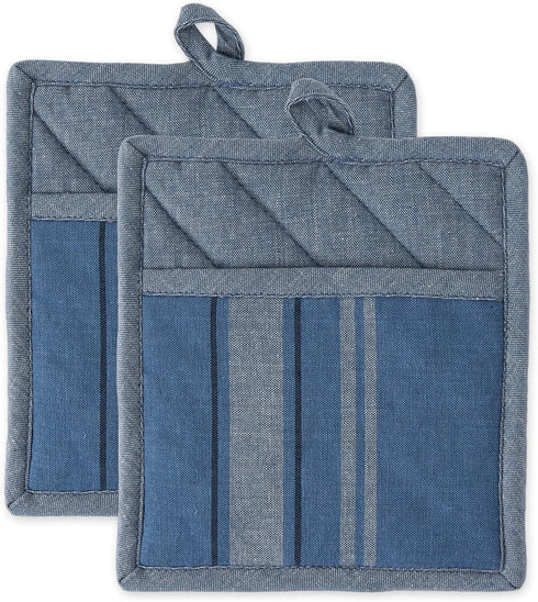 DII French Stripe, Kitchen Collection, Potholders, Chambray Blue, 2 Count...